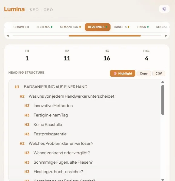Lumina headings tab showing the full H1 to H6 hierarchy tree for the current page