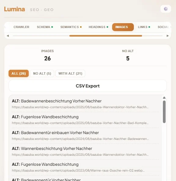 Lumina images tab listing all images with alt text, dimensions, format, and lazy-loading status
