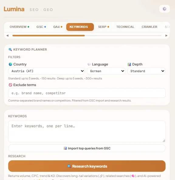 Lumina keyword research tab showing search volume, difficulty, and related keywords from DataForSEO