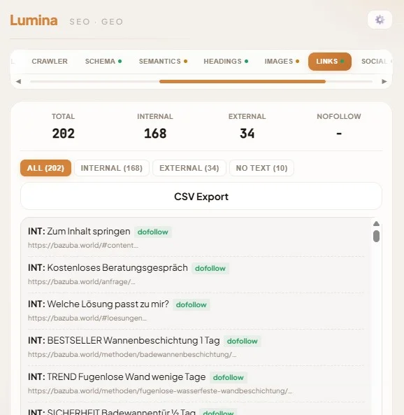 Lumina links tab listing internal and external links with anchor text and rel attributes