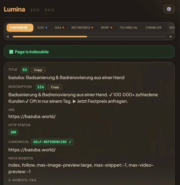 Lumina extension Overview tab in dark mode showing the on-page SEO audit with issue counts and severity