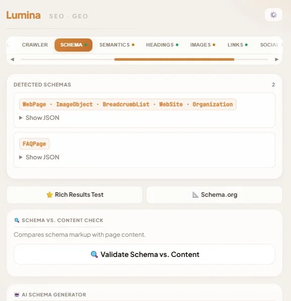 Lumina schema tab showing detected JSON-LD blocks and Schema.org validation results