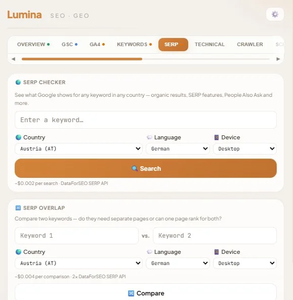 Lumina SERP tab showing the top 10 Google results with title, URL, snippet, and rich result detection