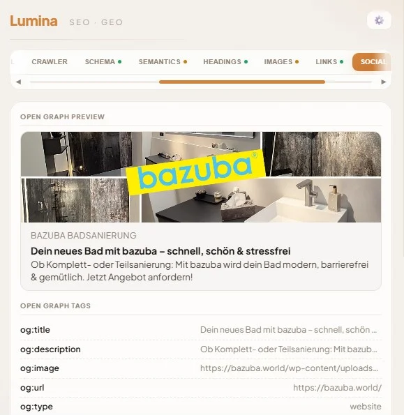 Lumina social tab showing Open Graph and Twitter Card preview mockups for the current page